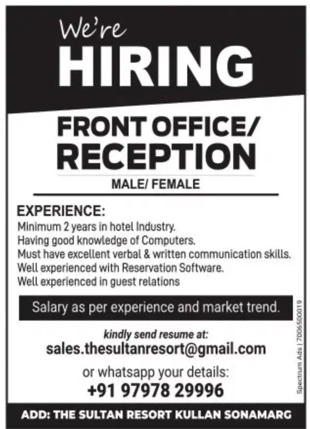 THE SULTAN RESORT KULLAN SONAMARG OFFERS JOB