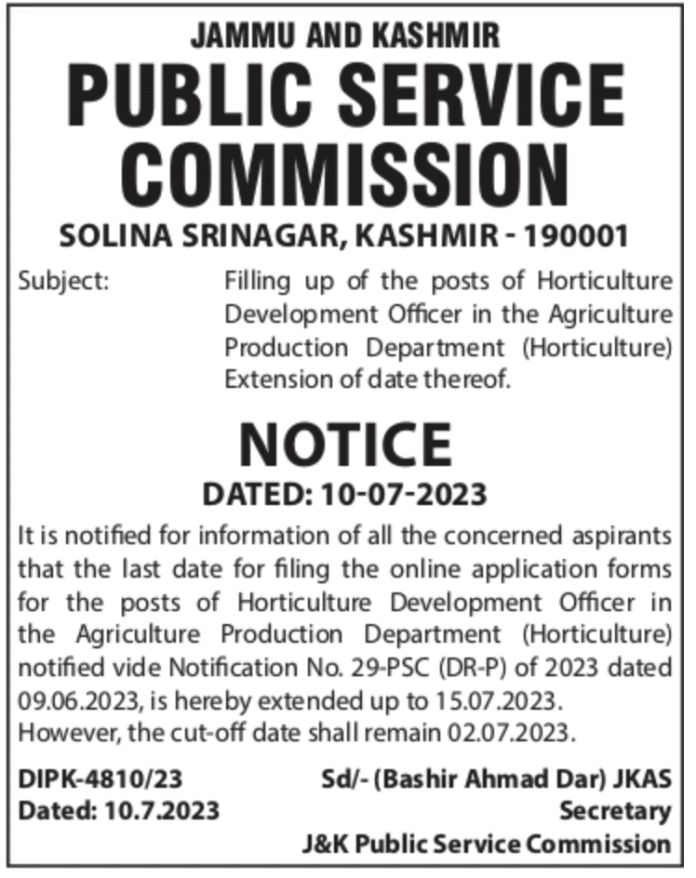 JKPSC JOBS HORTICULTURE DEVELOPMENT OFFICER 2023