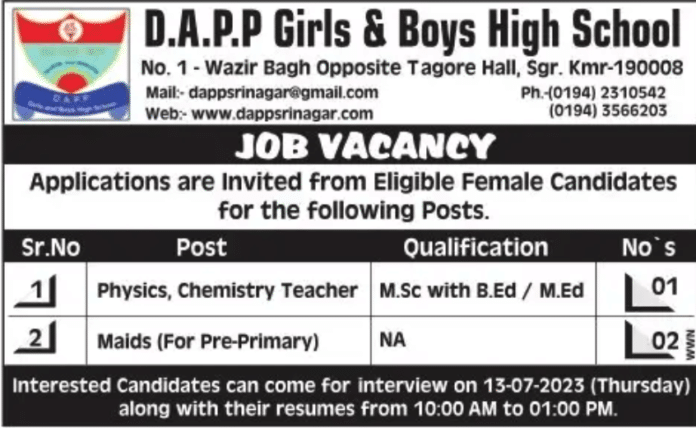 D.A.P.P Girls & Boys High School – Jobs 2023