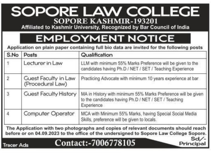 SOPORE LAW COLLEGE EMPLOYMENT NOTICE 2023