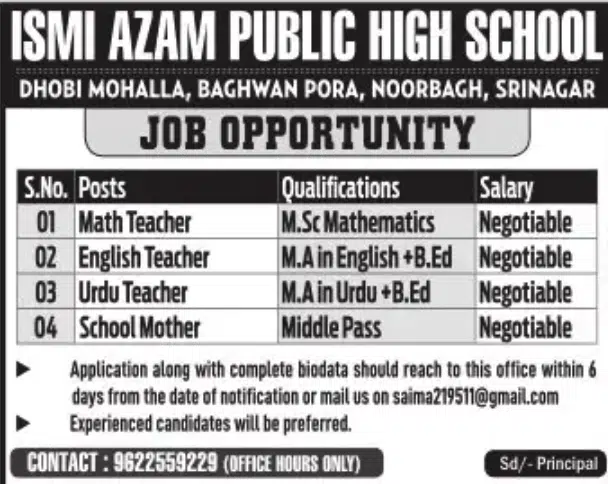 ISMI AZAM PUBLIC HIGH SCHOOL, TEACHING JOBS 2023