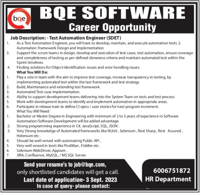 BQE SOFTWARE Career Opportunity Test Automation Engineer