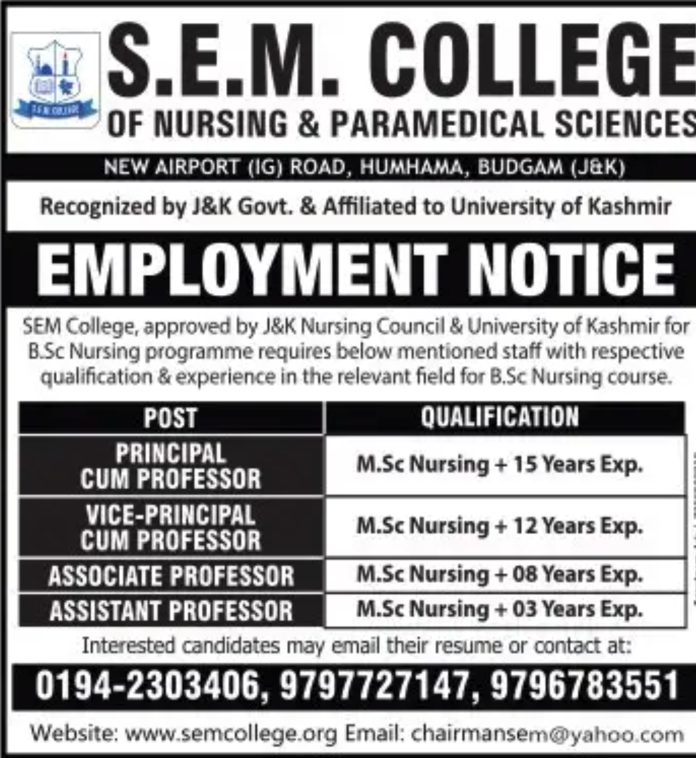 S.E.M. COLLEGE OF NURSING & PARAMEDICAL SCIENCES EMPLOYMENT NOTICE