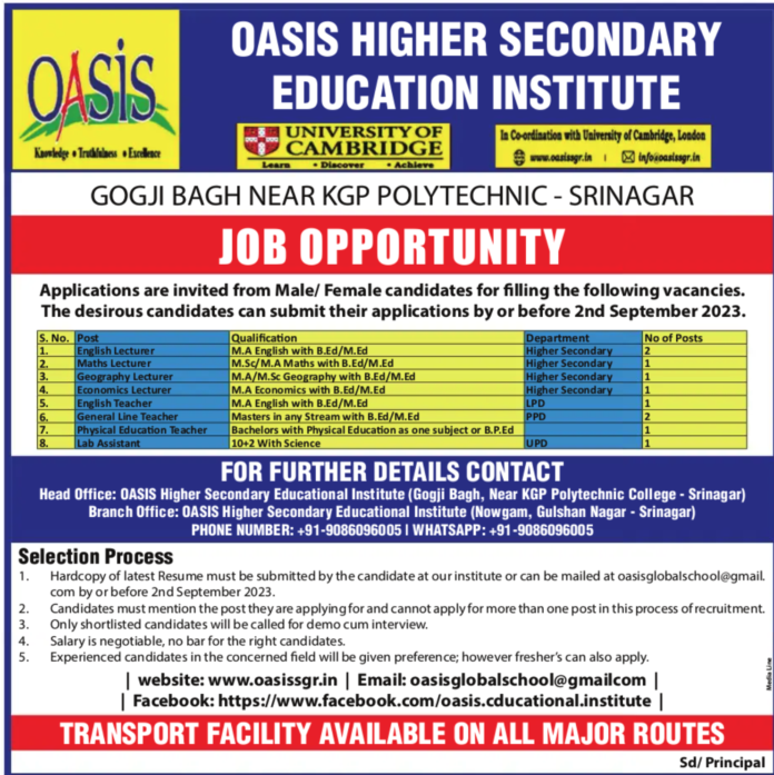 OASIS HIGHER SECONDARY EDUCATION INSTITUTE JOB OPPORTUNITY 2023