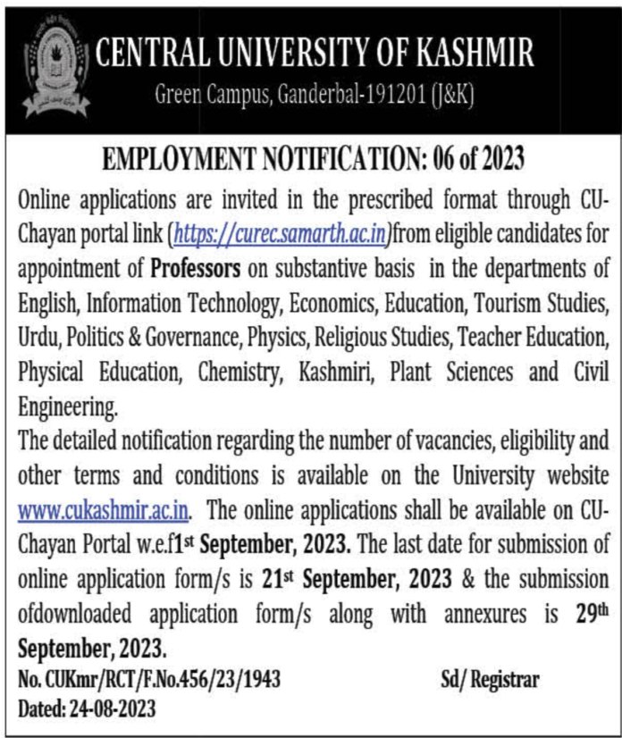 CENTRAL UNIVERSITY OF KASHMIR EMPLOYMENT NOTIFICATION: 06 of 2023