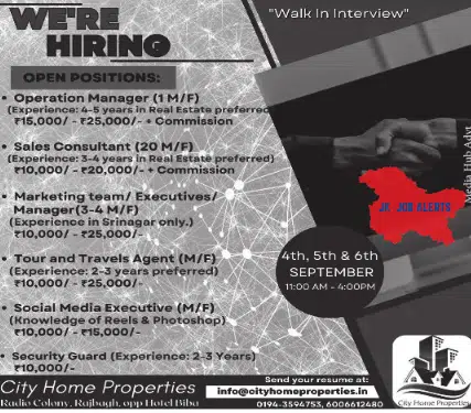 CITY HOME PROPERTIES HIRING FOR VARIOUS POSTS 2023