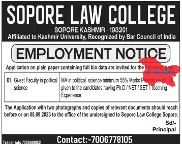 SOPORE LAW COLLEGE - EMPLOYMENT NOTICE 2023