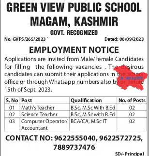 GREEN VIEW PUBLIC SCHOOL MAGAM, KASHMIR EMPLOYMENT NOTICE