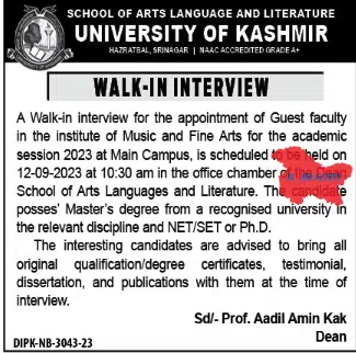 UNIVERSITY OF KASHMIR -A Walk-in interview for the appointment of Guest faculty