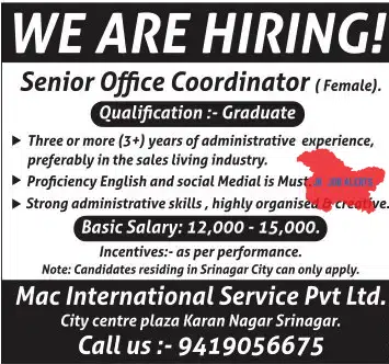 Mac International Service Pvt Ltd. Hiring Senior Office Coordinator (Female).