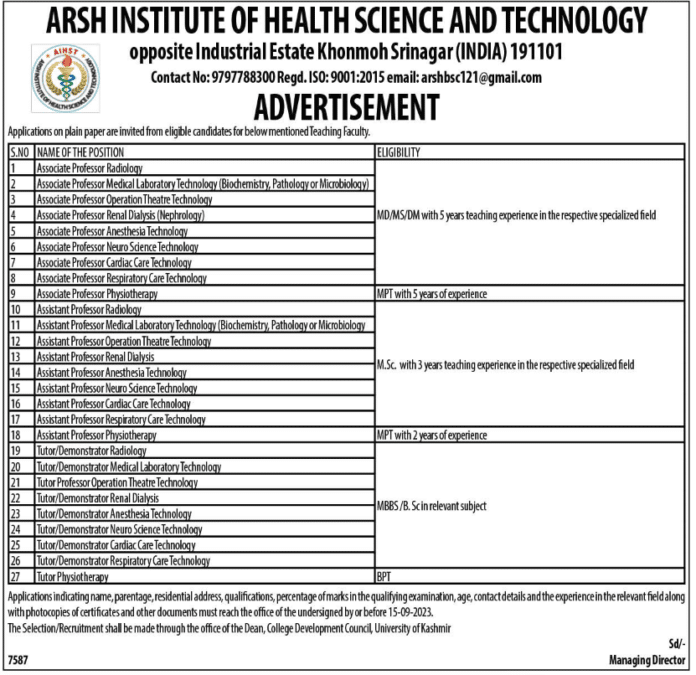 ARSH INSTITUTE OF HEALTH SCIENCE AND TECHNOLOGY opposite Industrial Estate Khonmoh Srinagar JOBS 2023