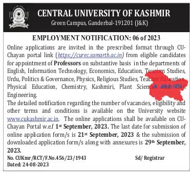 CENTRAL UNIVERSITY OF KASHMIR - EMPLOYMENT NOTIFICATION: 06 of 2023
