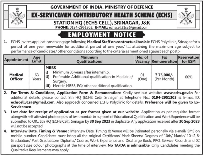 GOVERNMENT OF INDIA, MINISTRY OF DEFENCE EMPLOYMENT NOTICE 2023