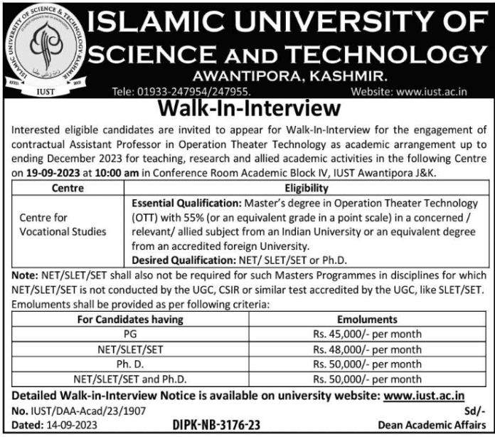 ISLAMIC UNIVERSITY OF SCIENCE AND TECHNOLOGY Walk-In-Interview