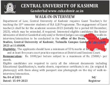 CENTRAL UNIVERSITY OF KASHMIR WALK-IN-INTERVIEW Guest Teacher/s 2023