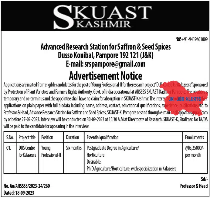 SKUAST KASHMIR Advertisement Notice 2023
