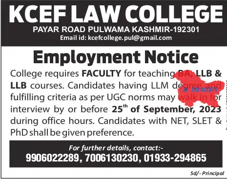 KCEF LAW COLLEGE JOB EMPLOYMENT NOTICE 2023