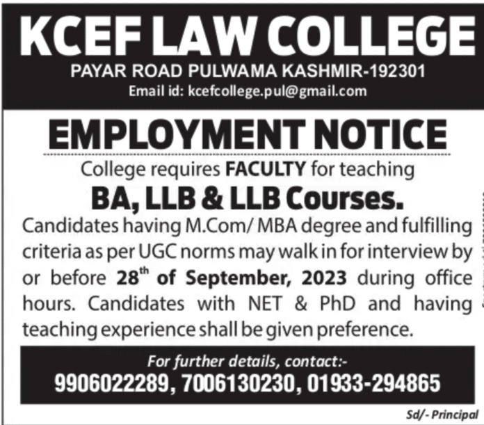 KCEF LAW COLLEGE JOBS 2023