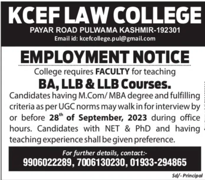 KCEF LAW COLLEGE JOBS 2023