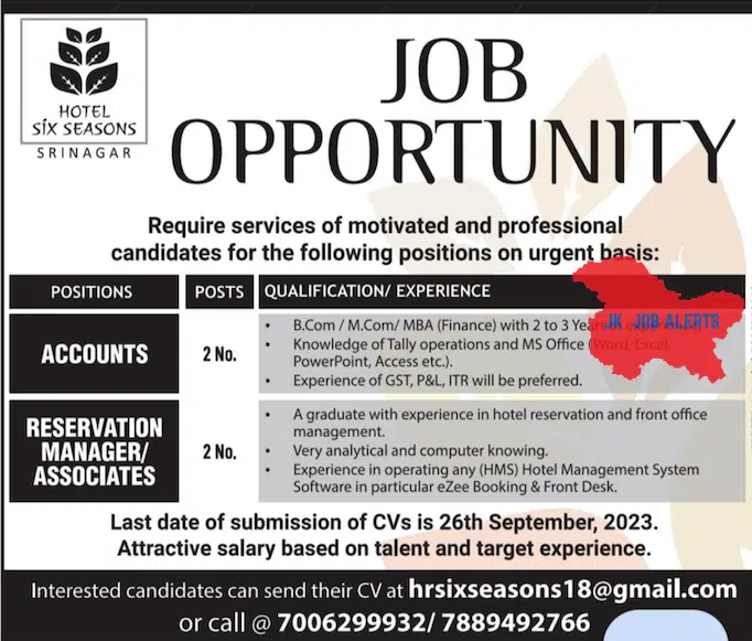 HOTEL SIX SEASONS SRINAGAR JOBS 2023