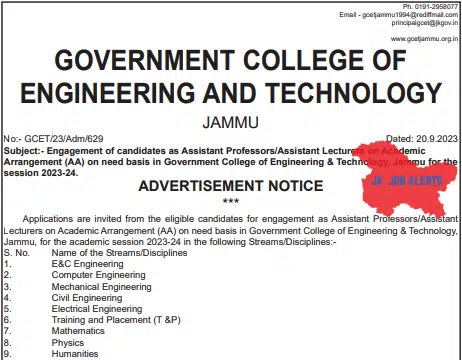GOVERNMENT COLLEGE OF ENGINEERING AND TECHNOLOGY JAMMU JOBs 2023