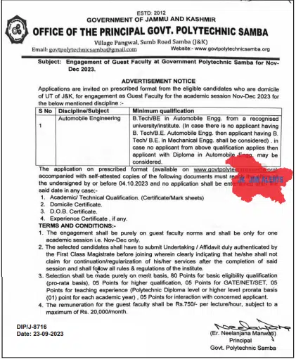 GOVT. POLYTECHNIC SAMBA ADVERTISEMENT NOTICE 2023