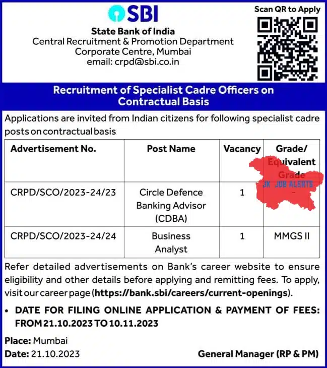 SBI, Recruitment of Specialist Cadre Officers