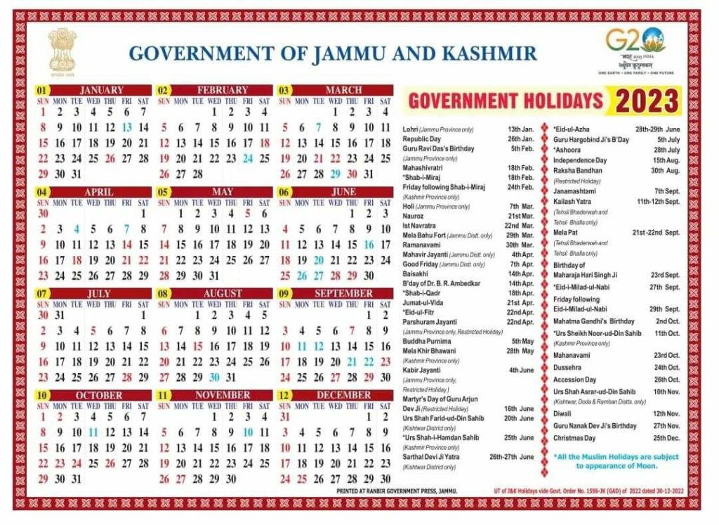 Jammu and kashmir Govt Calander 2023