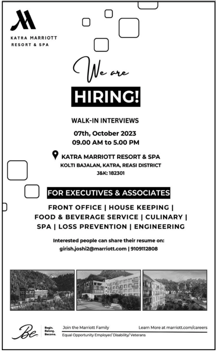 KATRA MARRIOTT RESORT & SPA WALK-IN INTERVIEWS