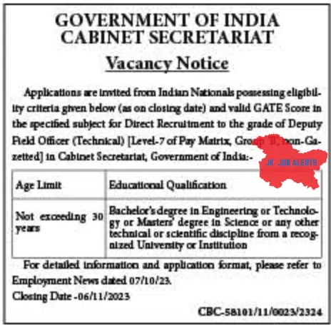 GOVERNMENT OF INDIA CABINET SECRETARIAT VACANCY NOTICE