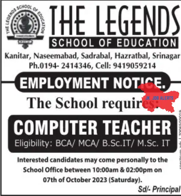 THE LEGENDS SCHOOL OF EDUCATION REQUIRES COMPUTER TEACHER