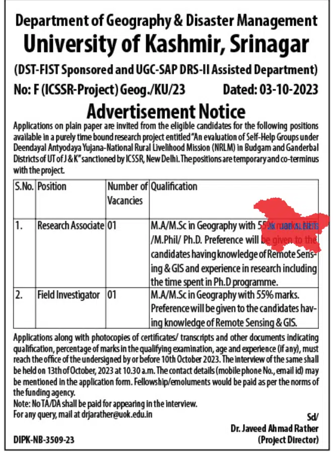 University of Kashmir, Department of Geography & Disaster Management Advertisement Notice