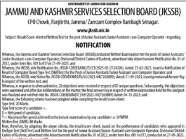 JAMMU AND KASHMIR SERVICES SELECTION BOARD (JKSSB) Result/Score-sheet of Written Test for the post of Junior Assistant/Junior