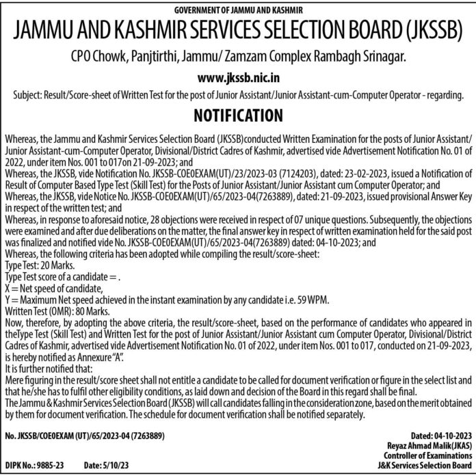 JAMMU AND KASHMIR SERVICES SELECTION BOARD (JKSSB) Result/Score-sheet of Written Test for the post of Junior Assistant/Junior