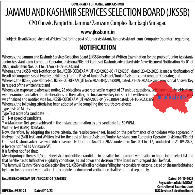 JAMMU AND KASHMIR SERVICES SELECTION BOARD (JKSSB) Result/Score-sheet of Written Test for the post of Junior Assistant/Junior