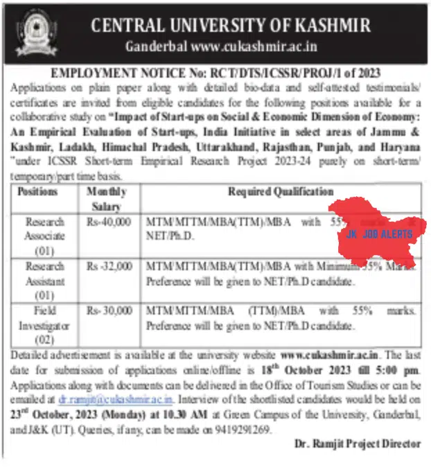 CENTRAL UNIVERSITY OF KASHMIR EMPLOYMENT NOTICE No: RCT/DTS/CSSR/PROJ/1 of 2023