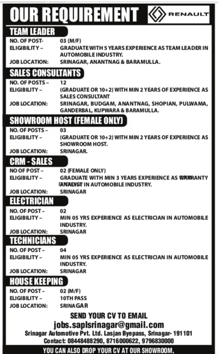 Srinagar Automotive Pvt. Ltd Jobs Advertisement