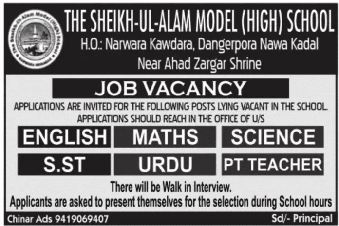 THE SHEIKH-UL-ALAM MODEL (HIGH) SCHOOL JOB VACANCY