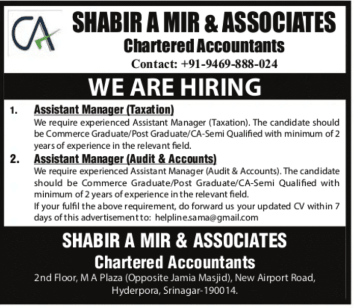 SHABIR A MIR & ASSOCIATES Chartered Accountants Job Advertisement