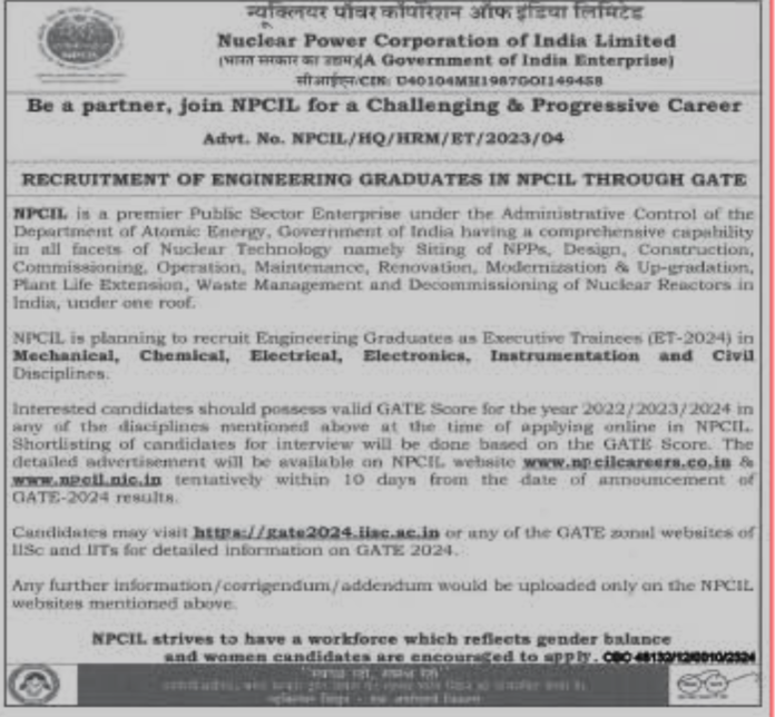 Nuclear Power Corporation of India Limited NPCIL looking for Engineering Graduates