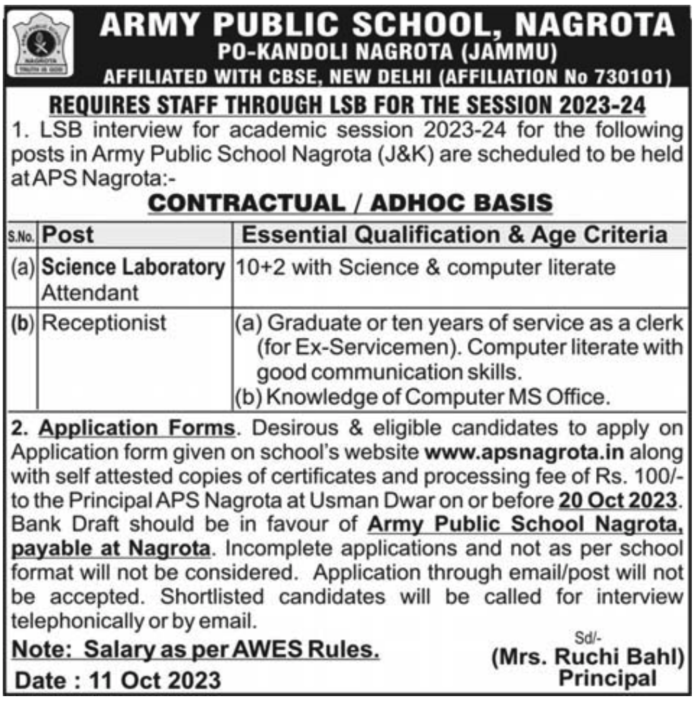 ARMY PUBLIC SCHOOL, NAGROTA REQUIRES STAFF THROUGH LSB F