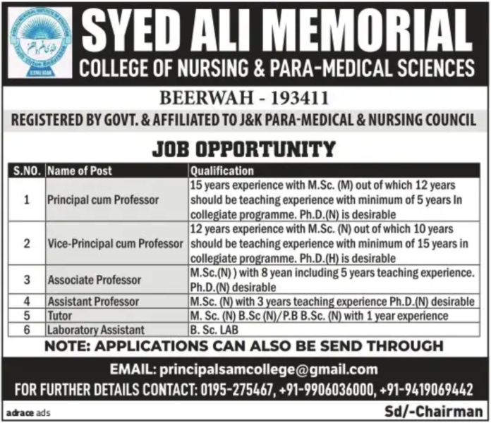 SYED ALI MEMORIAL COLLEGE OF NURSING & PARA-MEDICAL SCIENCES BEERWAH JOBS