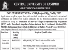 CENTRAL UNIVERSITY OF KASHMIR, EMPLOYMENT NOTICE No: ICSSR/Project/Mgt/SoBS/2023