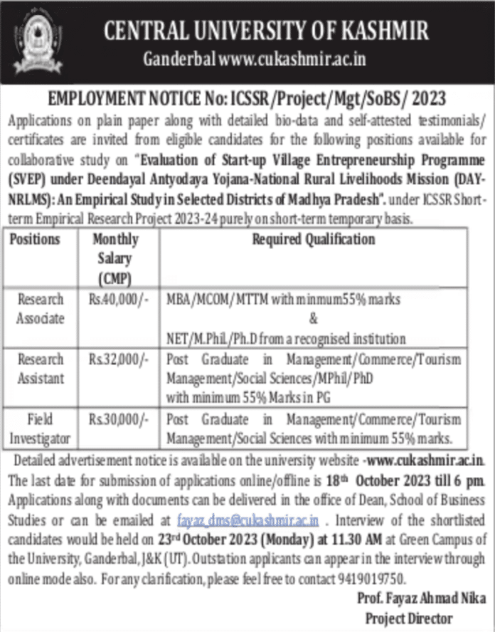 CENTRAL UNIVERSITY OF KASHMIR, EMPLOYMENT NOTICE No: ICSSR/Project/Mgt/SoBS/2023