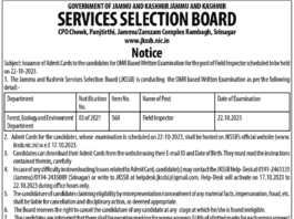 JKSSB NOTICE ISSUANCE OF ADMIT CARDS TO THE CANDIDATES FOR OMR BASED WRITTEN EXAMINATION FOR THE POST OF FIELD INSPECTOR SCHEDULED TO BE HELD ON 22-10-2023.