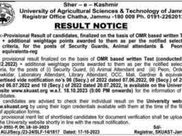 SKUAST JAMMU PROVISIONAL RESULT OF CANDIDATES