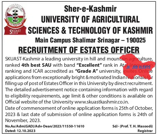 SKUAST-KASHMIR RECRUITMENT OF ESTATES OFFICER