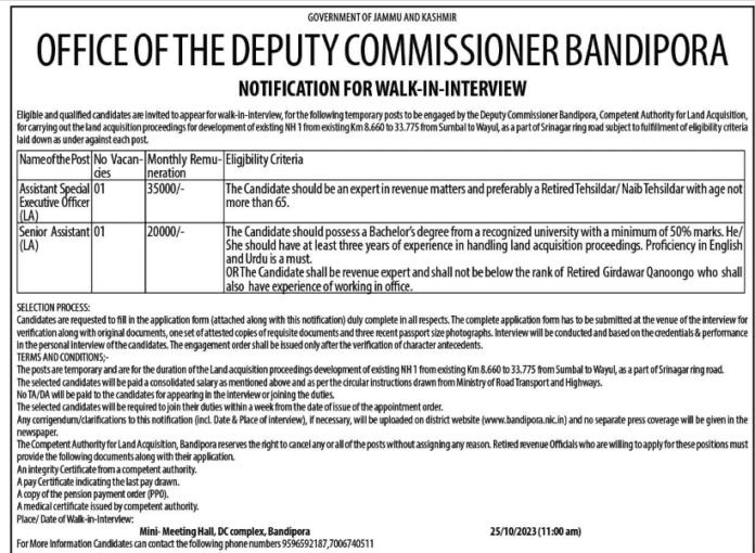 OFFICE OF THE DEPUTY COMMISSIONER BANDIPORA NOTIFICATION FOR WALK-IN-INTERVIEW 2023