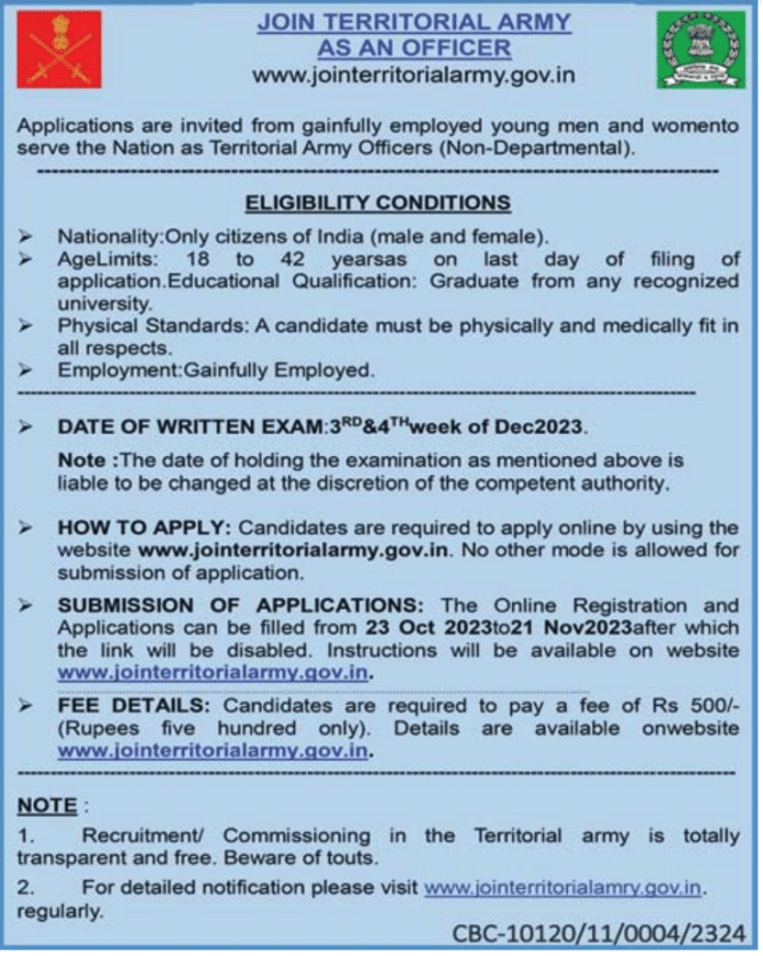 TERRITORIAL ARMY JOB RECRUITMENT 2023