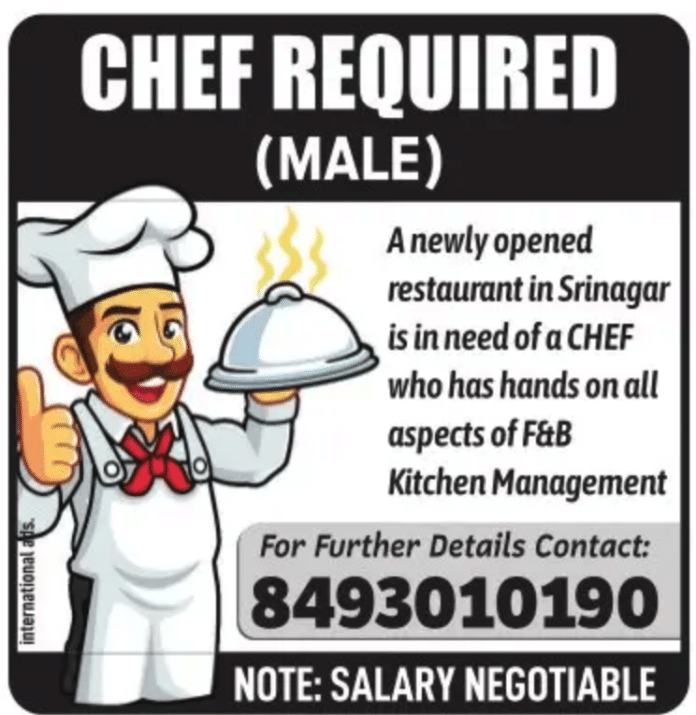 CHEF REQUIRED (MALE) in Srinagar